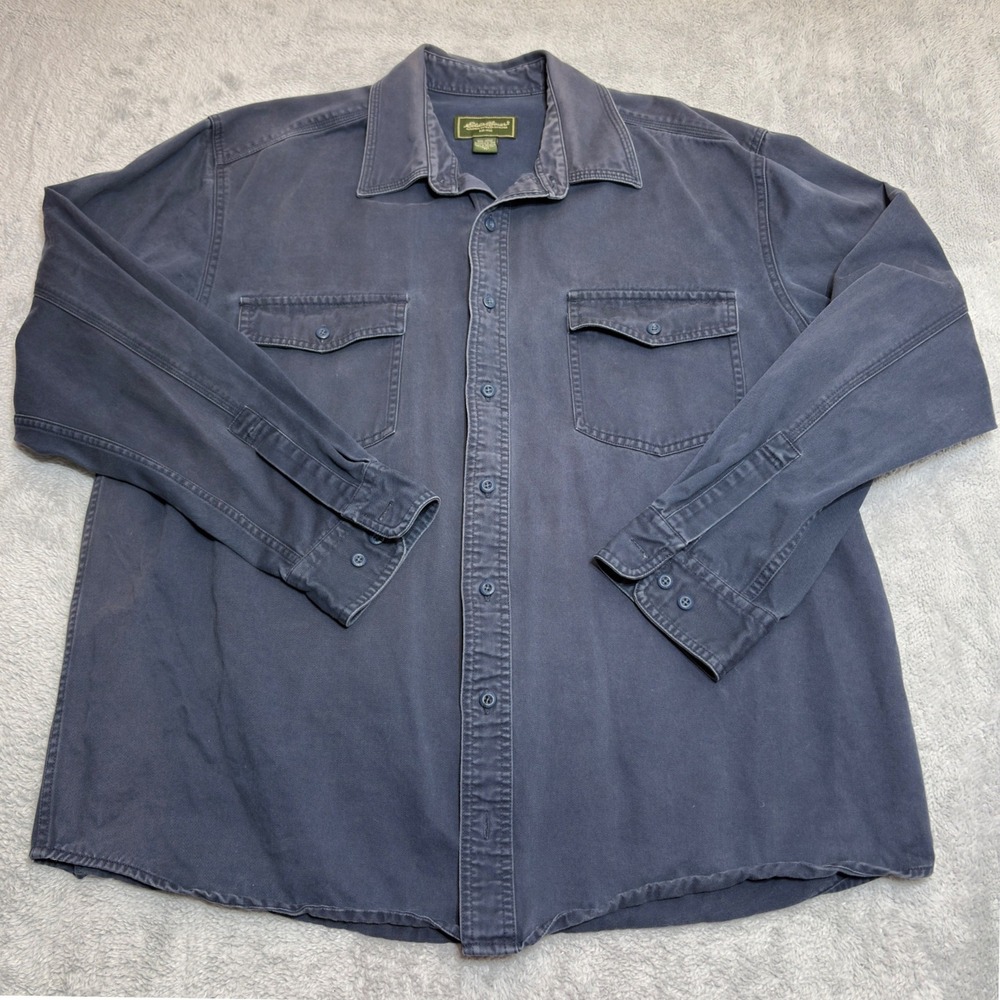 Eddie Bauer Button Down Shirt Mens XL Tall Navy Blue Cotton Long Sleeve Solid